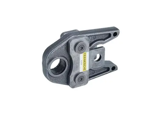 Pressbacke aus Metall mit einem grauen Finish, hergestellt von Fränkische. Das Produkt zeigt eine Verbindungselement mit zwei Schrauben und einer kreisförmigen Öffnung.